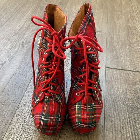Jeffrey Campbell Lita Rare Red Plaid Lace-up Platform Ankle Boot w Spike Studs - Picture 6 of 8